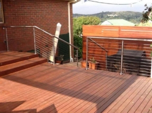 Stainless steel top rail, posts, cabling and customised corners, bends, dog legs to suit customers balcony.